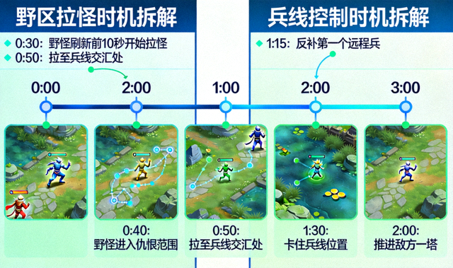 DOTA2 野区拉怪与兵线控制时机拆解示意图